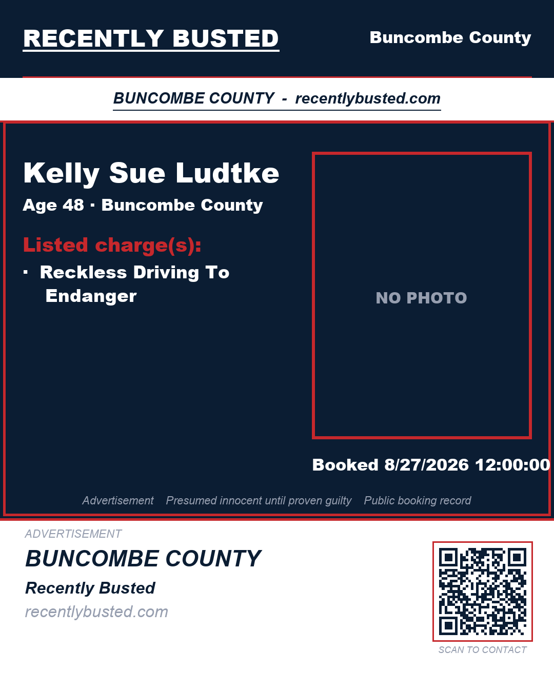 KELLY SUE LUDTKE — arrest record card, Buncombe County, North Carolina