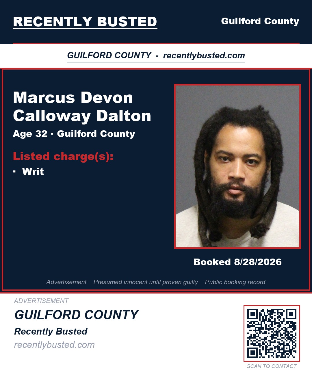 MARCUS DEVON CALLOWAY DALTON — arrest record card, Guilford County, North Carolina