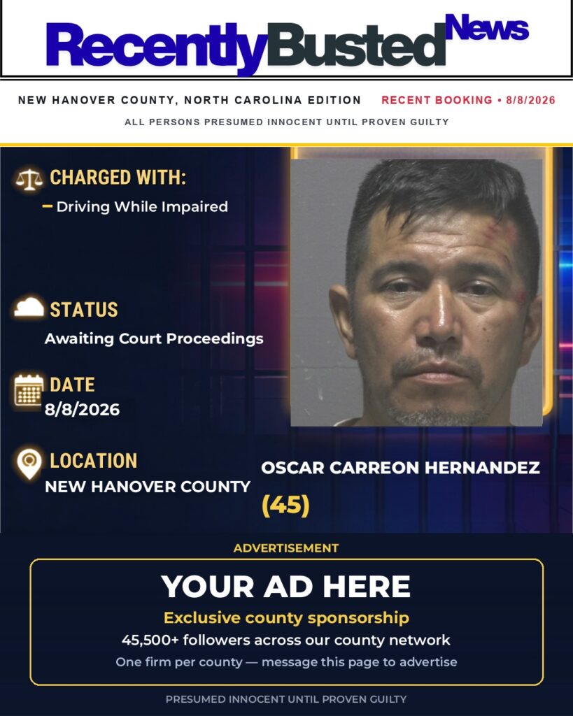 OSCAR CARREON HERNANDEZ — arrest record card, New Hanover County
