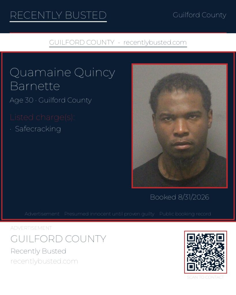 QUAMAINE QUINCY BARNETTE — arrest record card, Guilford County, North Carolina