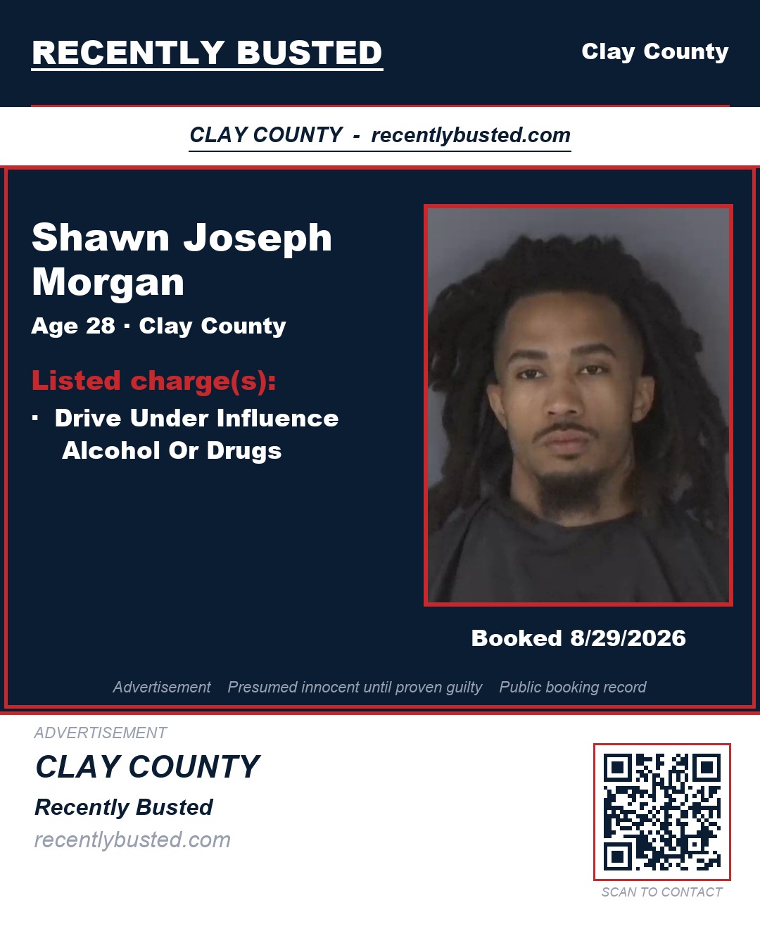 SHAWN JOSEPH MORGAN — arrest record card, Clay County, Florida
