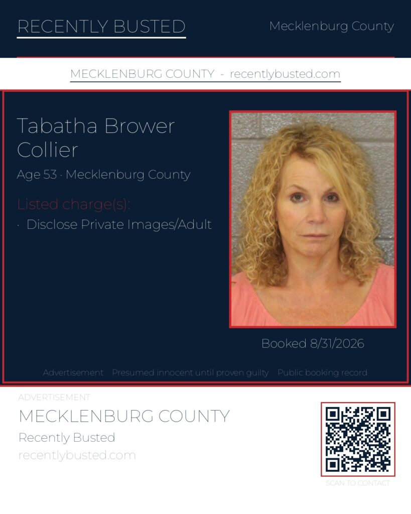 TABATHA BROWER COLLIER — arrest record card, Mecklenburg County, North Carolina