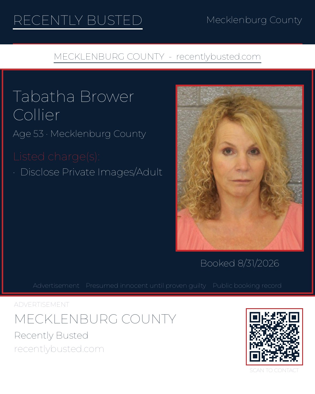 TABATHA BROWER COLLIER — arrest record card, Mecklenburg County, North Carolina