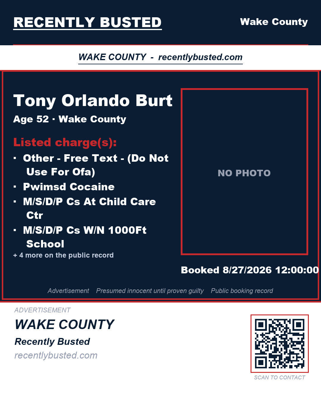 TONY ORLANDO BURT — arrest record card, Wake County, North Carolina