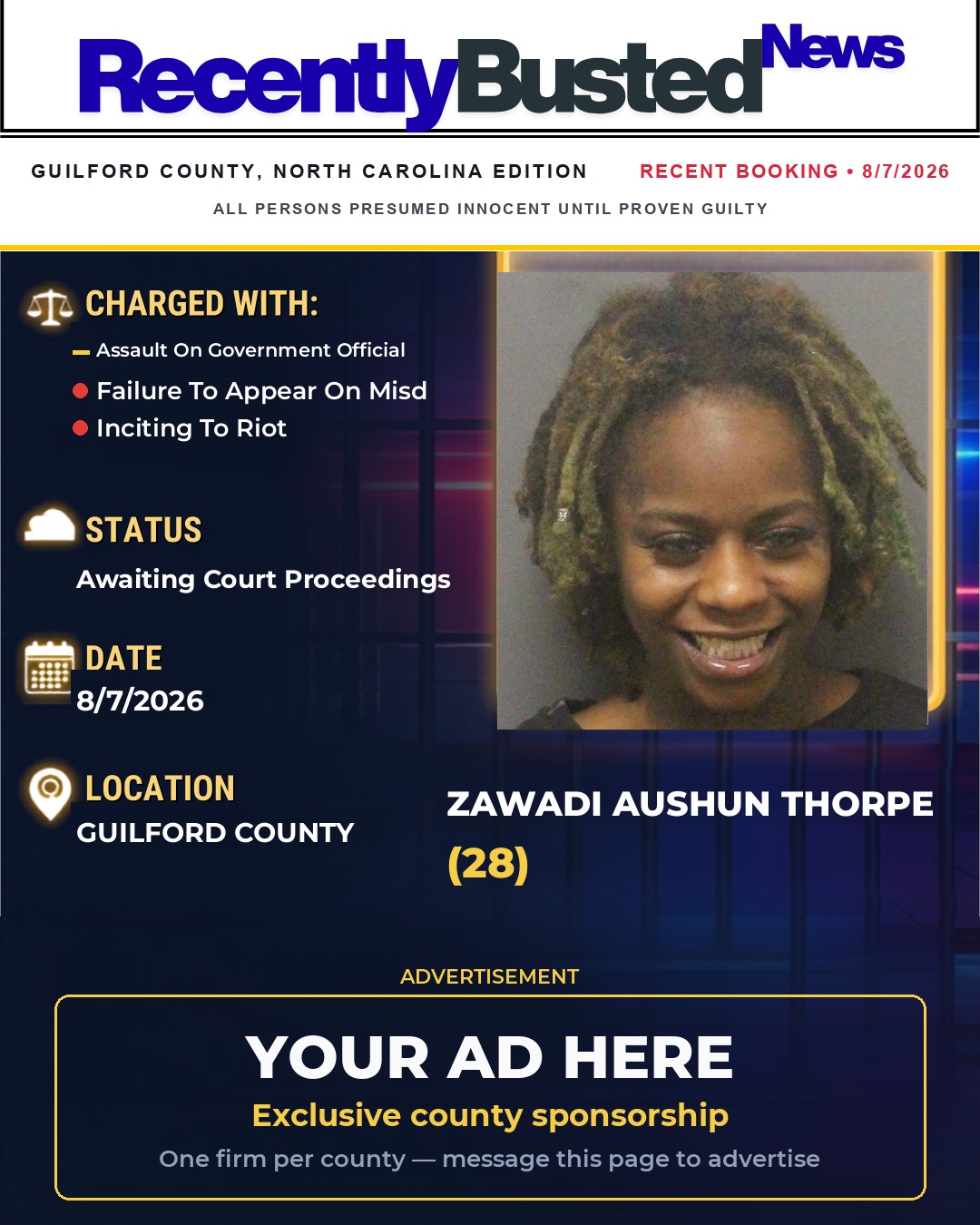 Arrest report - ZAWADI AUSHUN THORPE