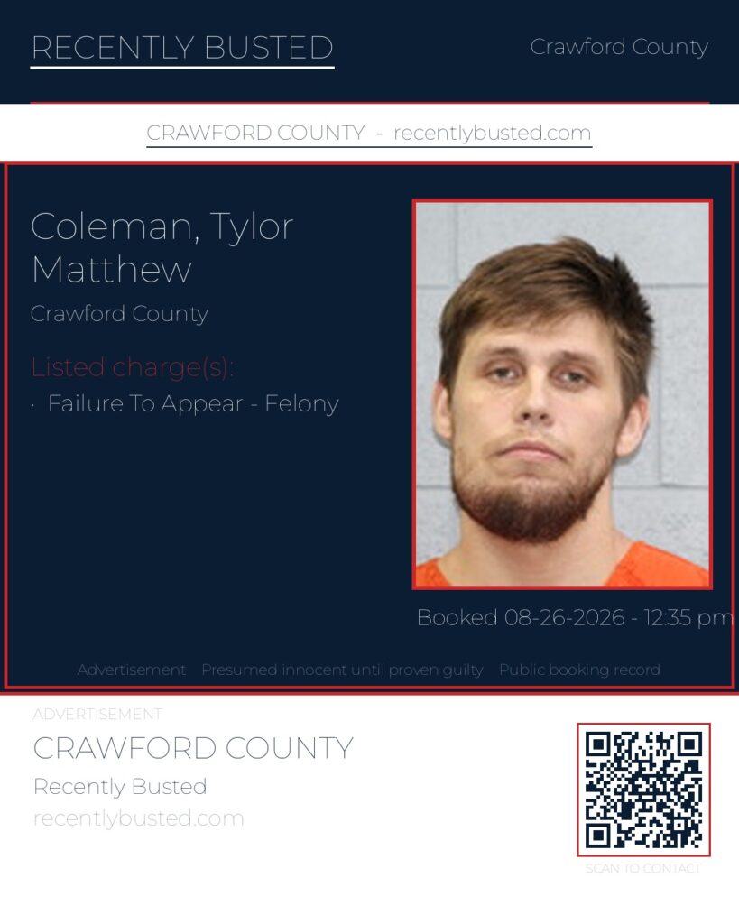 Coleman, Tylor Matthew — arrest record card, Crawford County