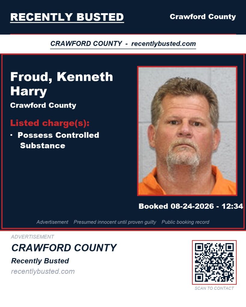 Froud, Kenneth Harry — arrest record card, Crawford County