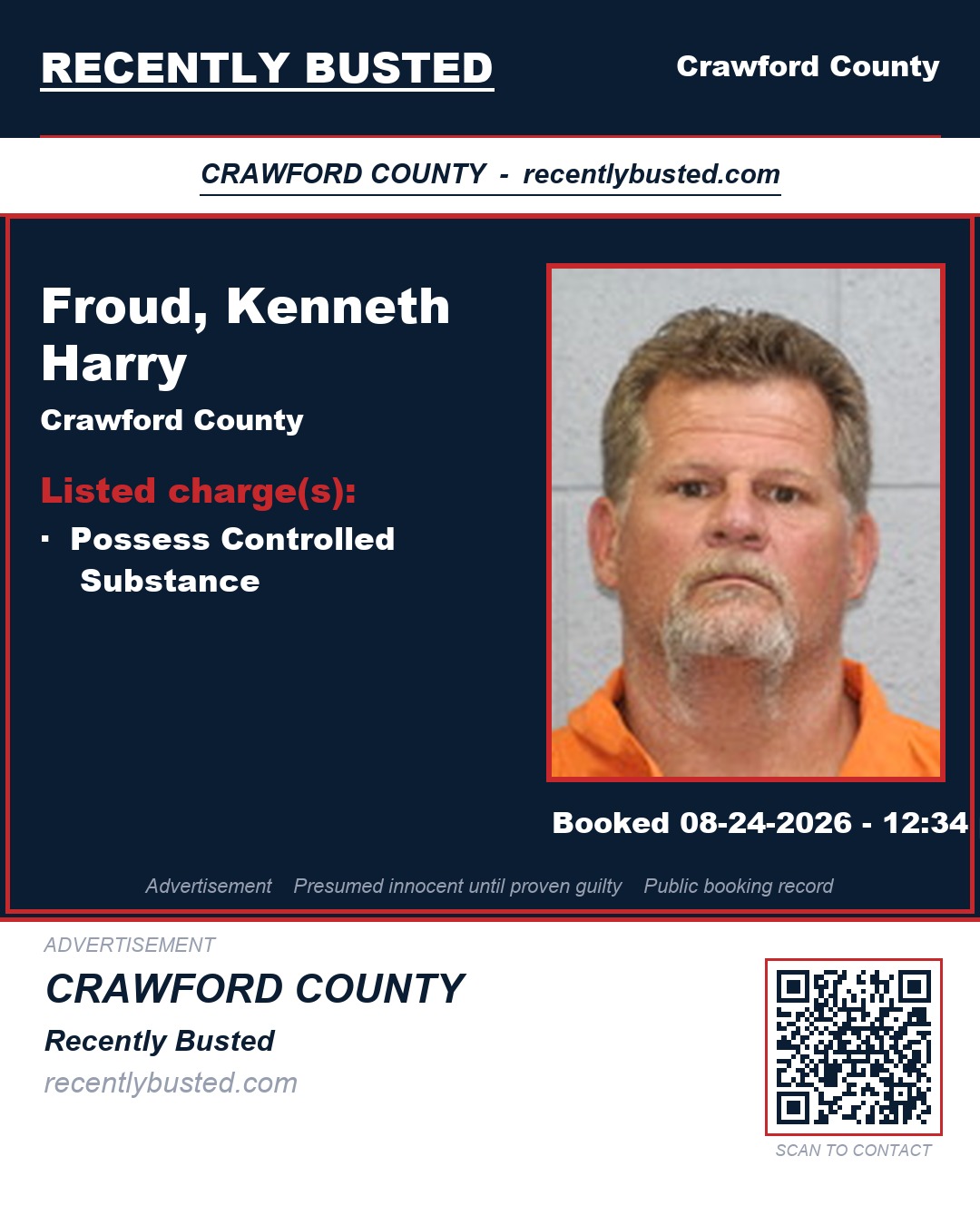 Froud, Kenneth Harry — arrest record card, Crawford County