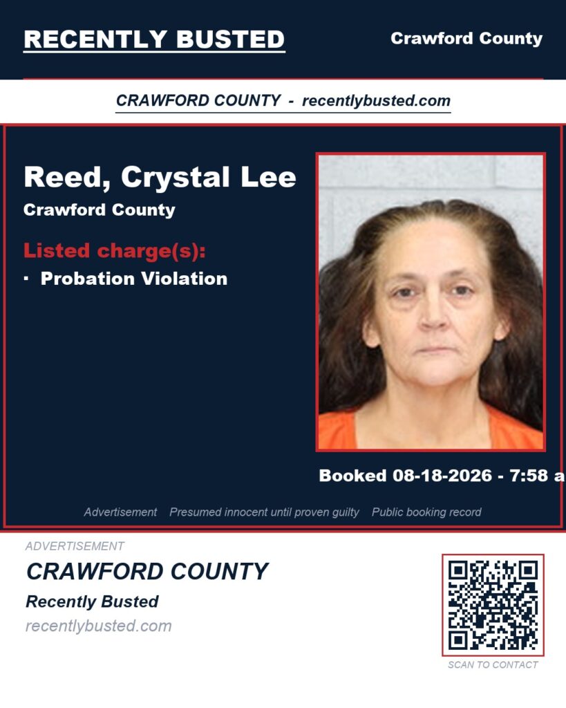 Reed, Crystal Lee — arrest record card, Crawford County