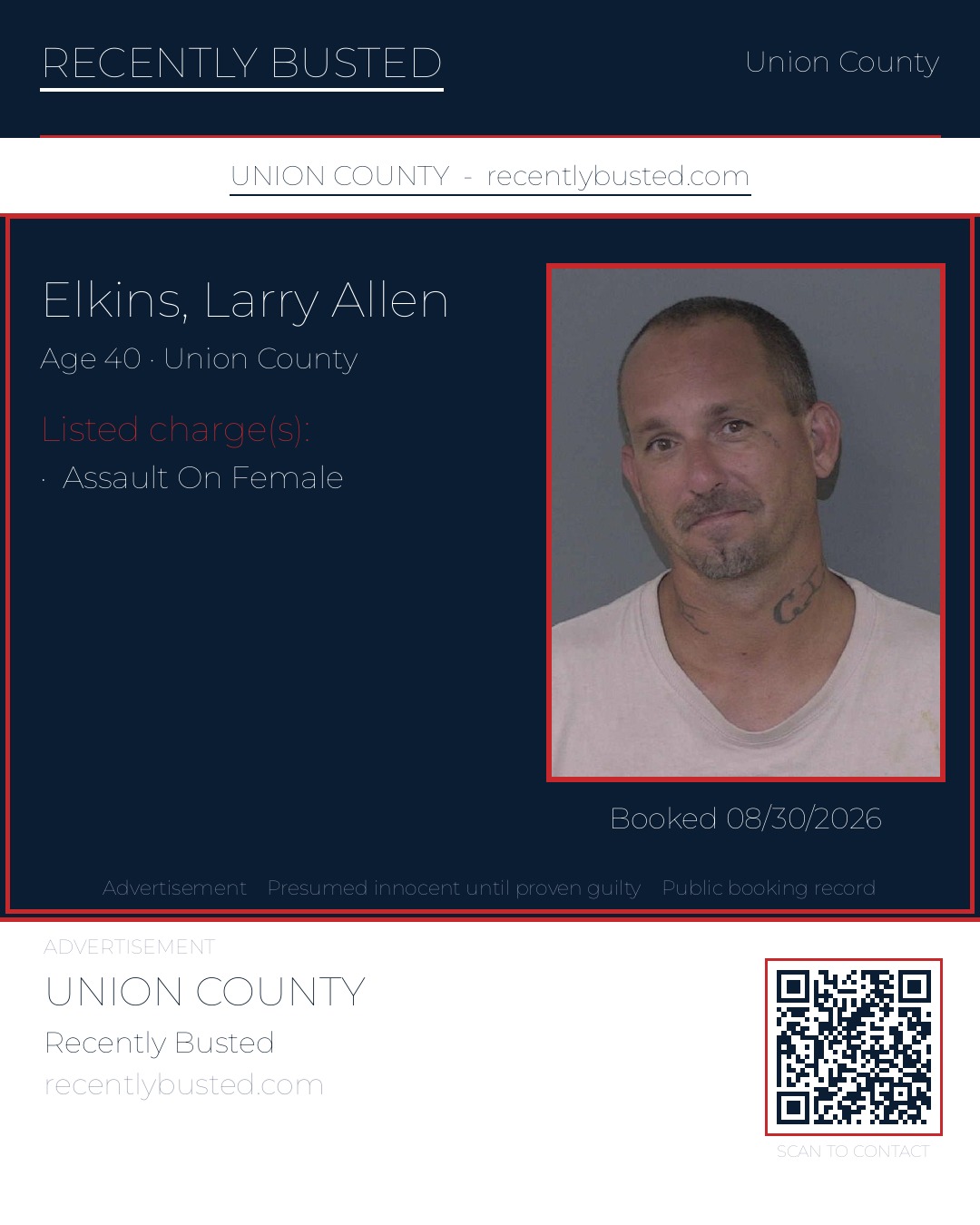 ELKINS, LARRY ALLEN — arrest record card, Union County, North Carolina