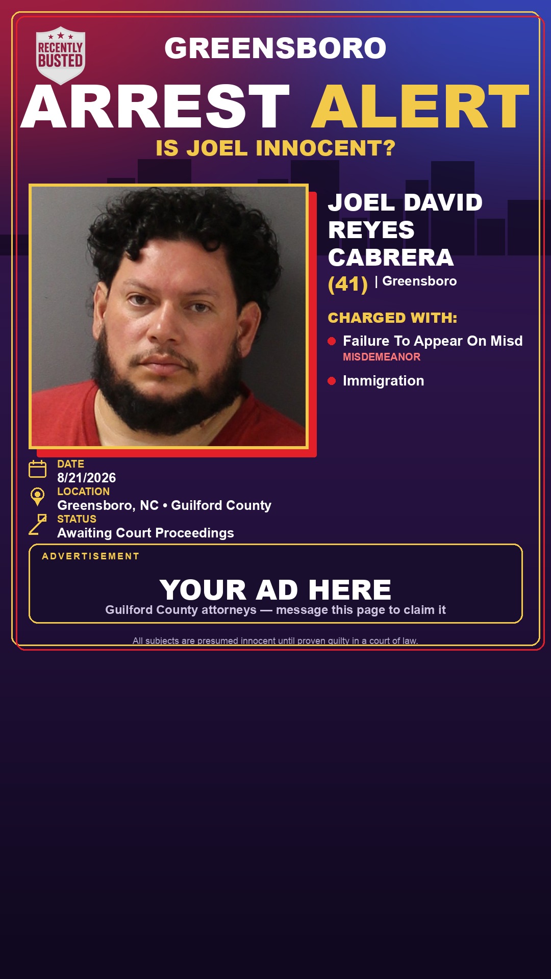 Arrest report - JOEL DAVID REYES CABRERA
