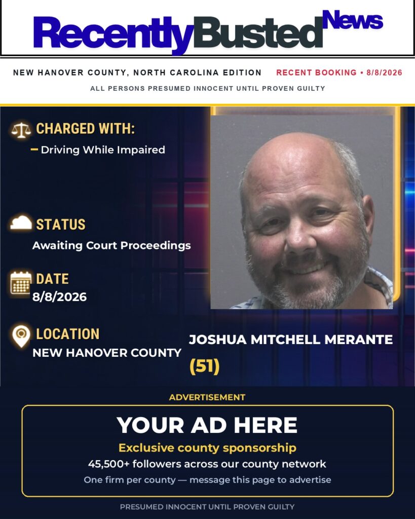 JOSHUA MITCHELL MERANTE — arrest record card, New Hanover County