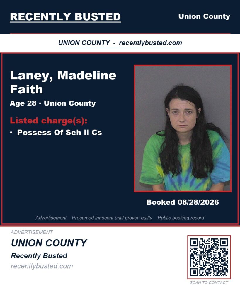 LANEY, MADELINE FAITH — arrest record card, Union County, North Carolina