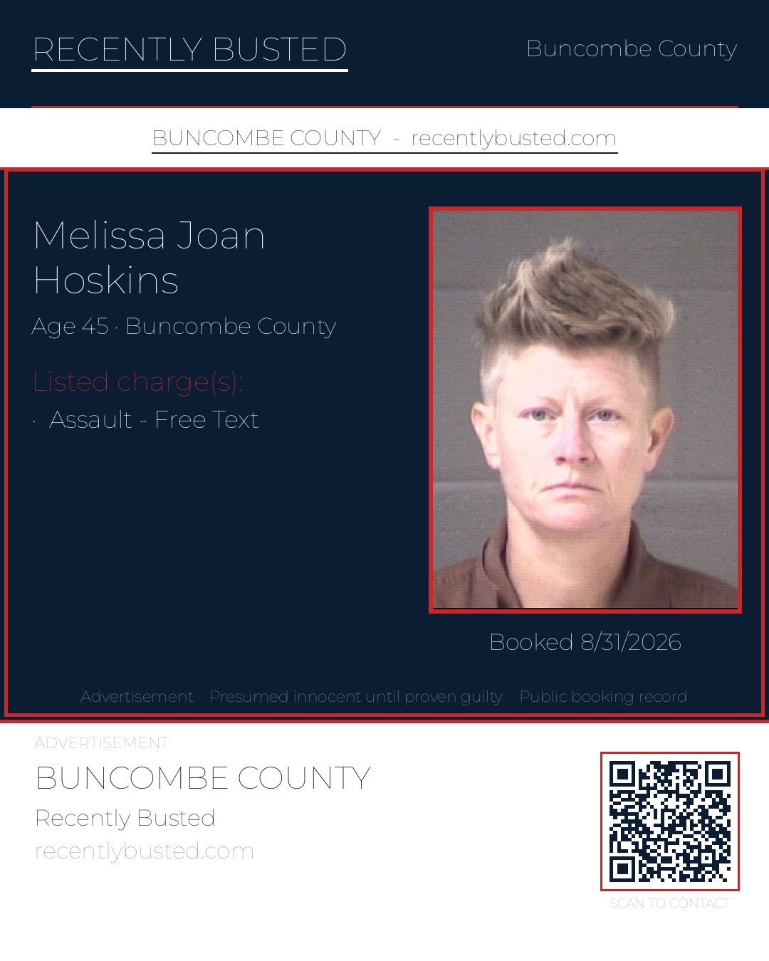 MELISSA JOAN HOSKINS — arrest record card, Buncombe County, North Carolina