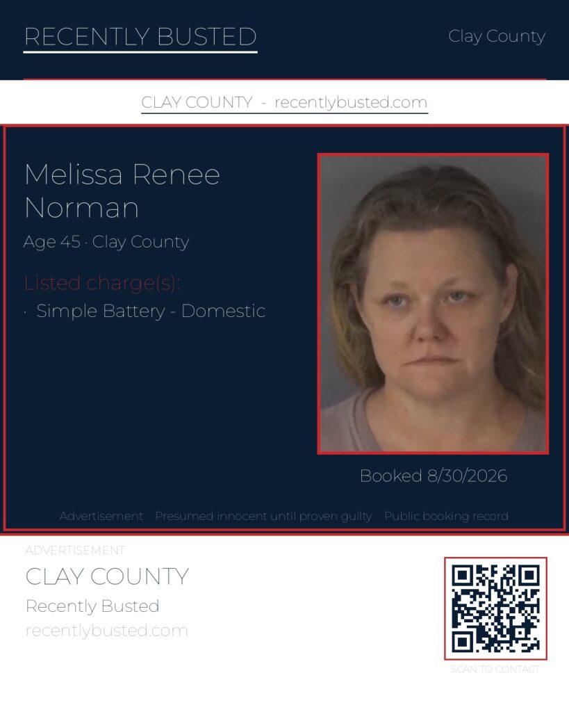 MELISSA RENEE NORMAN — arrest record card, Clay County, Florida