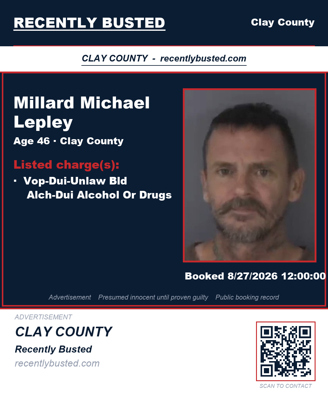 MILLARD MICHAEL LEPLEY — arrest record card, Clay County, Florida