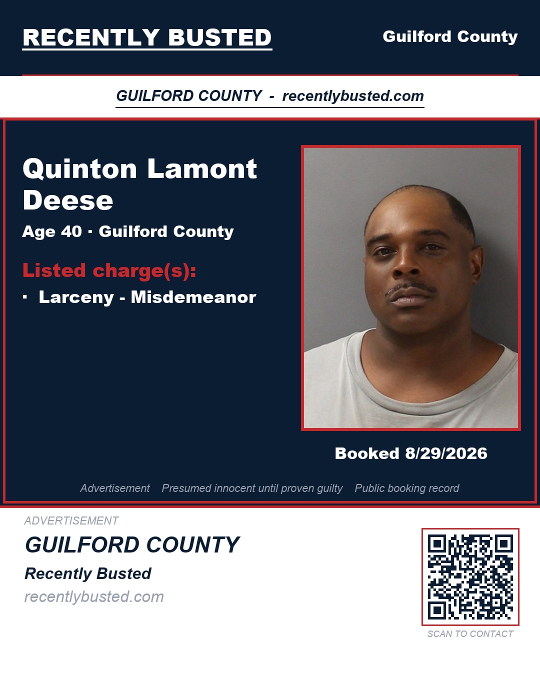 QUINTON LAMONT DEESE — arrest record card, Guilford County, North Carolina