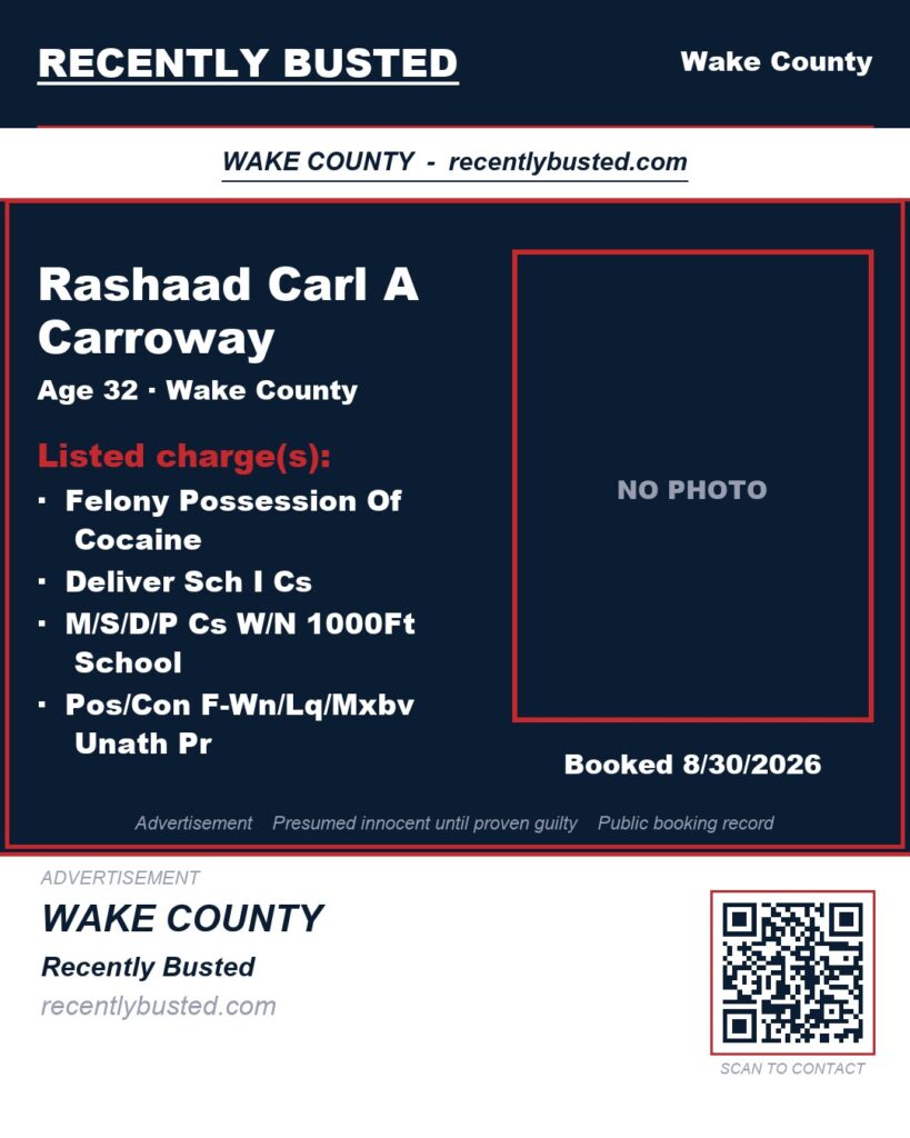 RASHAAD CARL A CARROWAY — arrest record card, Wake County, North Carolina