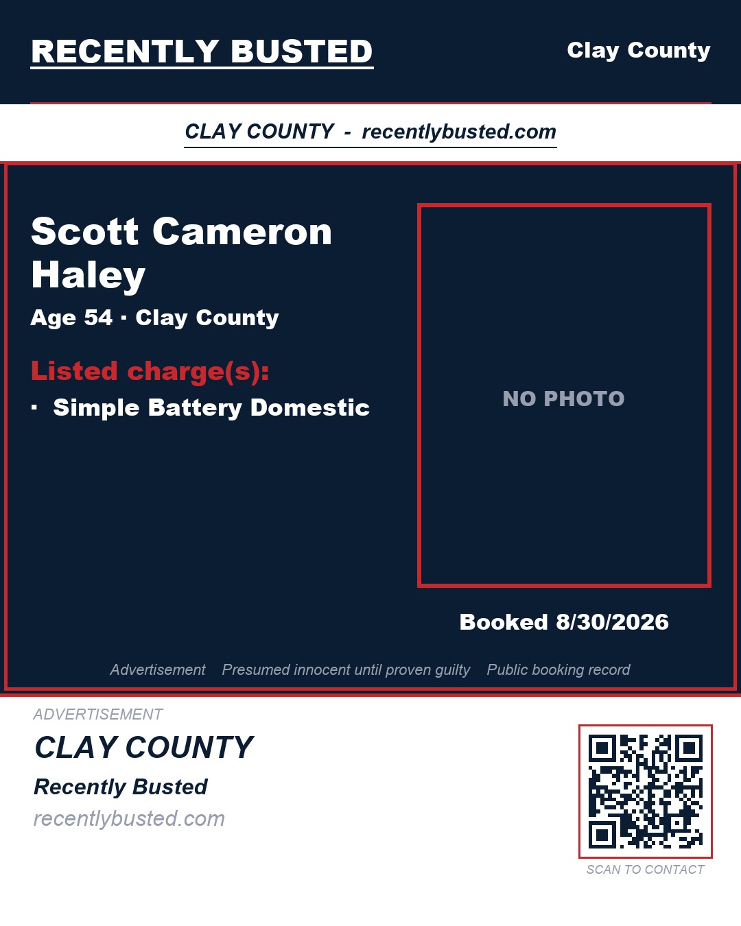 SCOTT CAMERON HALEY — arrest record card, Clay County, Florida