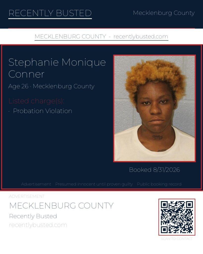 STEPHANIE MONIQUE CONNER — arrest record card, Mecklenburg County, North Carolina