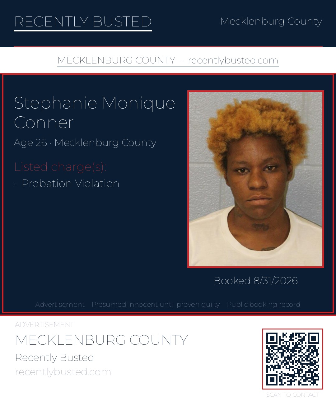 STEPHANIE MONIQUE CONNER — arrest record card, Mecklenburg County, North Carolina