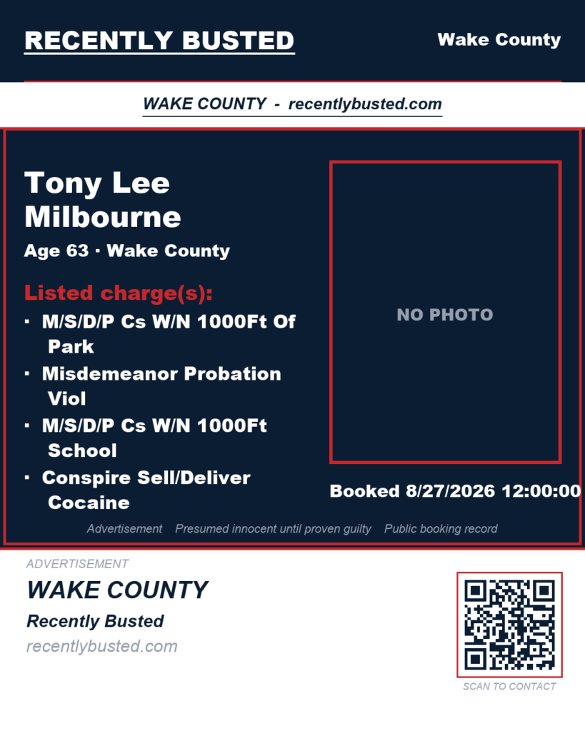 TONY LEE MILBOURNE — arrest record card, Wake County, North Carolina