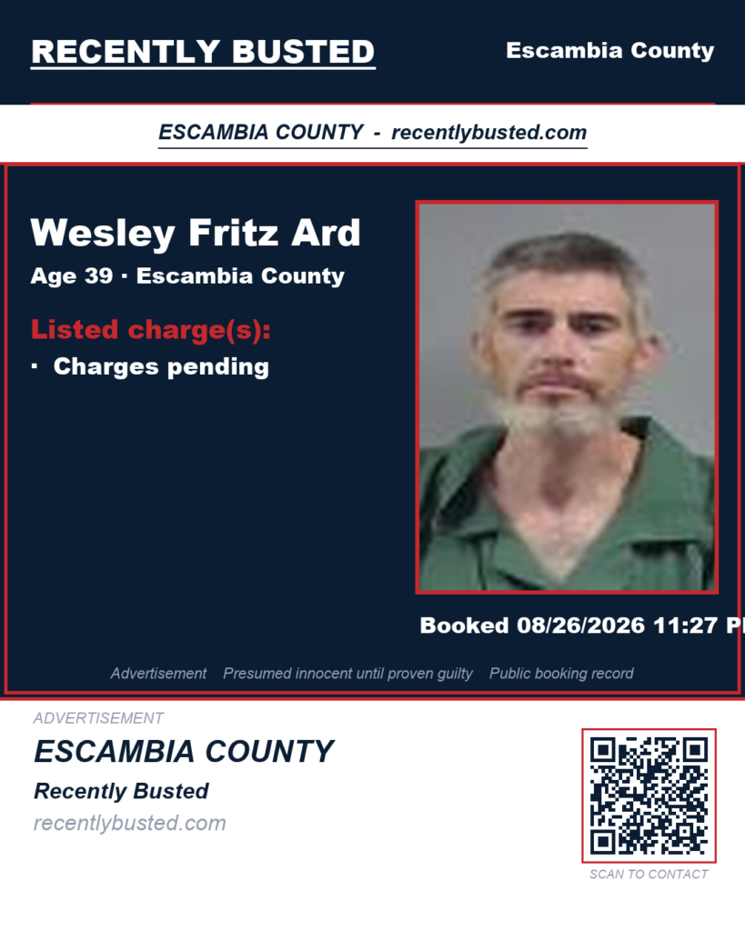 Wesley Fritz Ard — arrest record card, Escambia County, Florida
