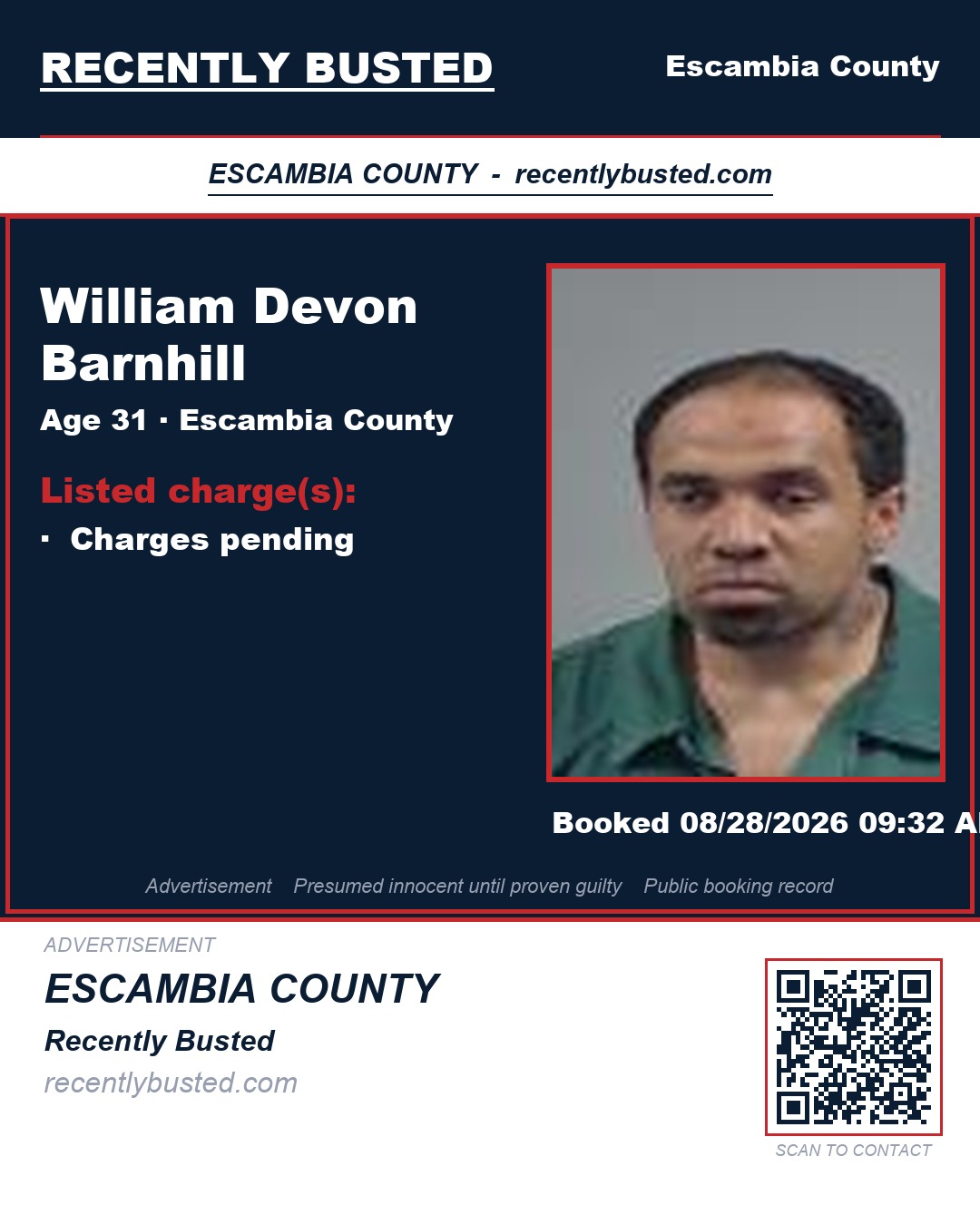 William Devon Barnhill — arrest record card, Escambia County, Florida