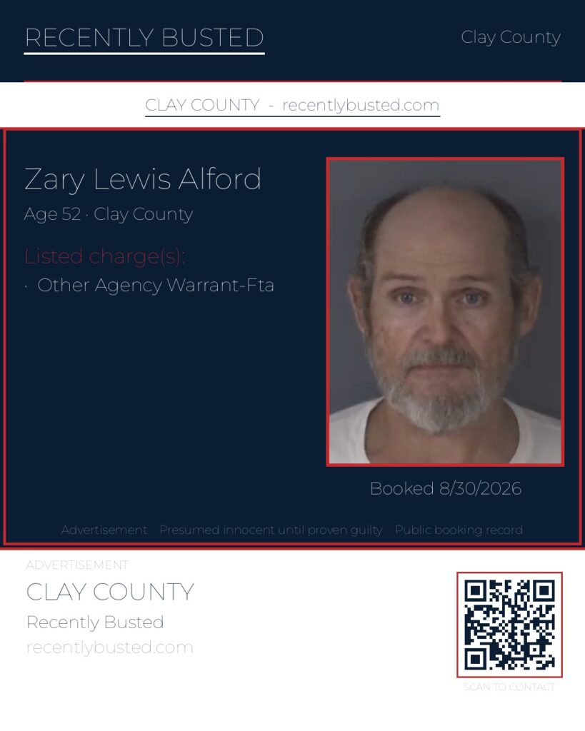 ZARY LEWIS ALFORD — arrest record card, Clay County, Florida