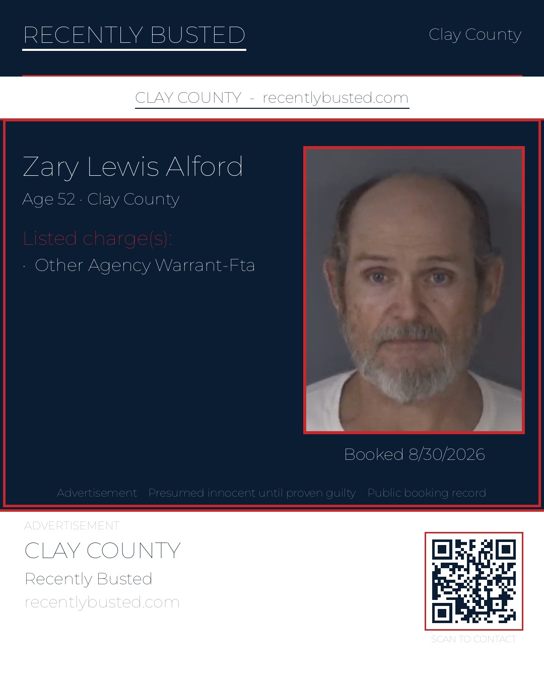ZARY LEWIS ALFORD — arrest record card, Clay County, Florida