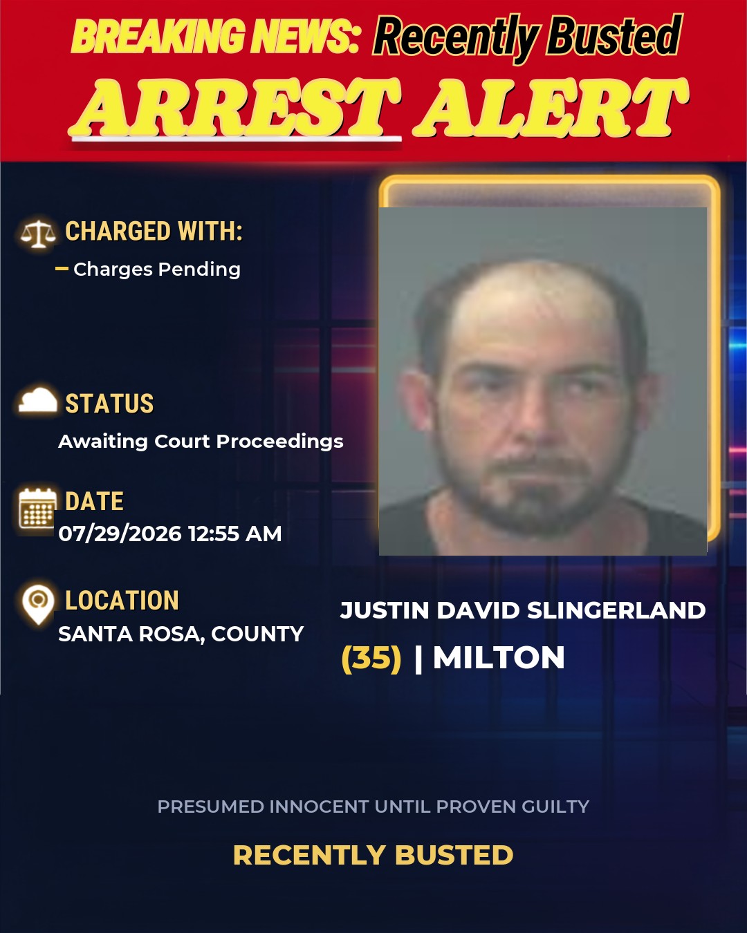 Justin David Slingerland — arrest record card, Santarosa County