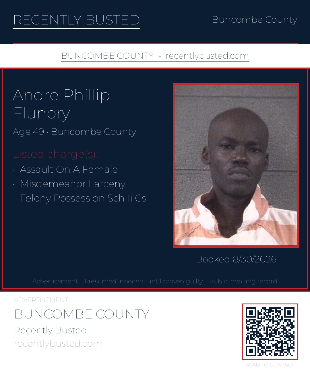 ANDRE PHILLIP FLUNORY — arrest record card, Buncombe County, North Carolina