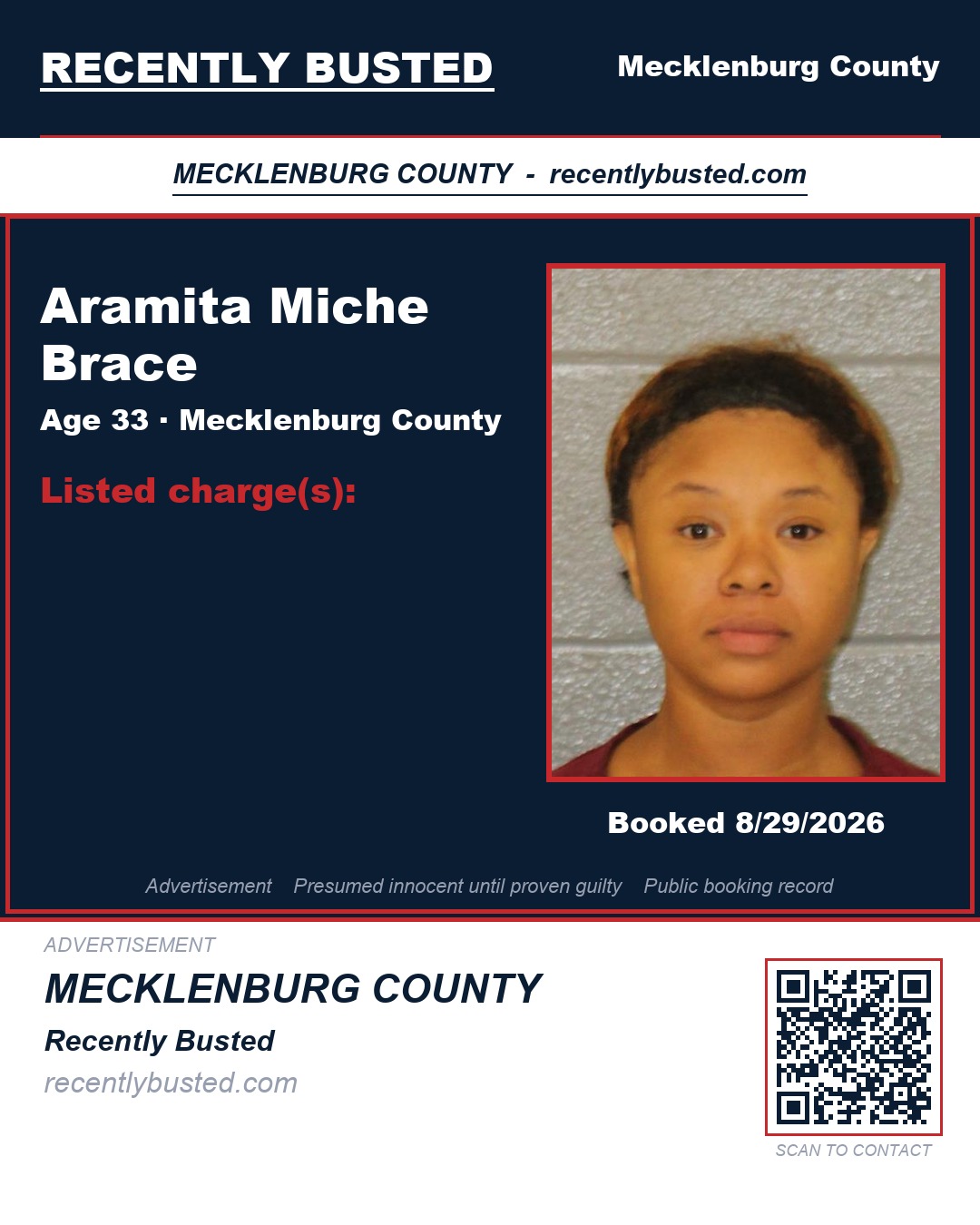 ARAMITA MICHE BRACE — arrest record card, Mecklenburg County, North Carolina