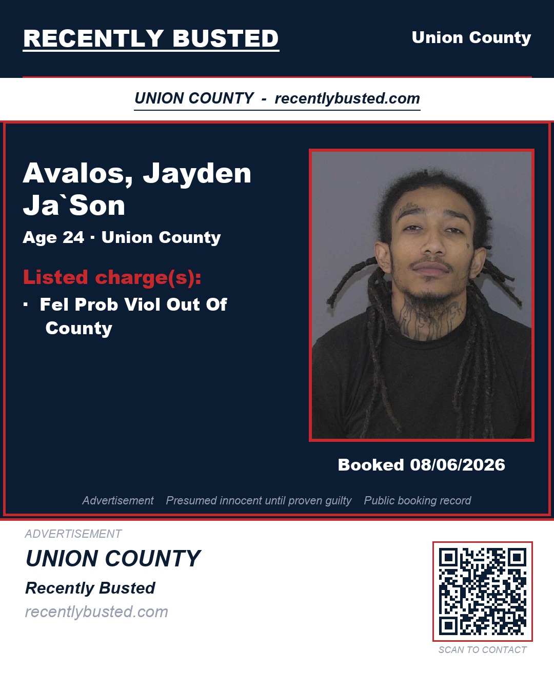 AVALOS, JAYDEN JA`SON — arrest record card, Union County, North Carolina