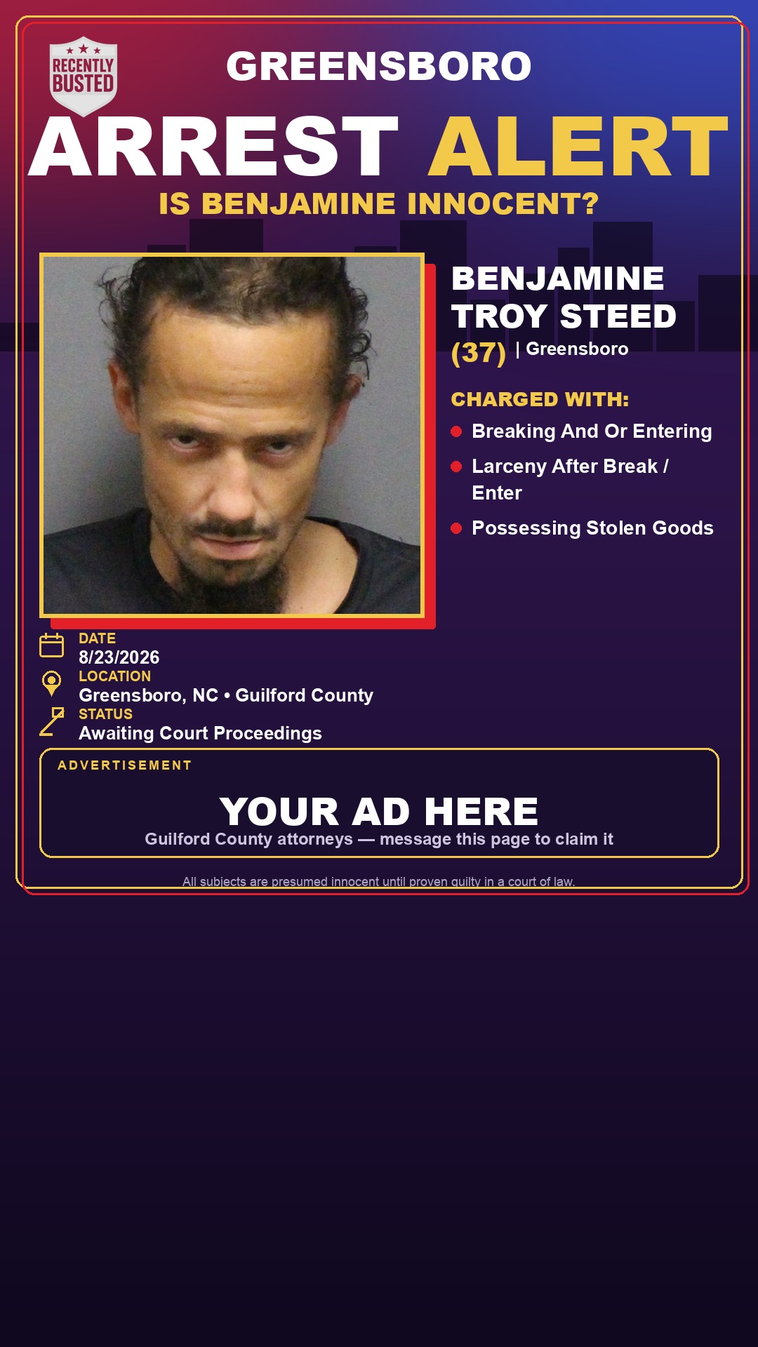 Arrest report - BENJAMINE TROY STEED