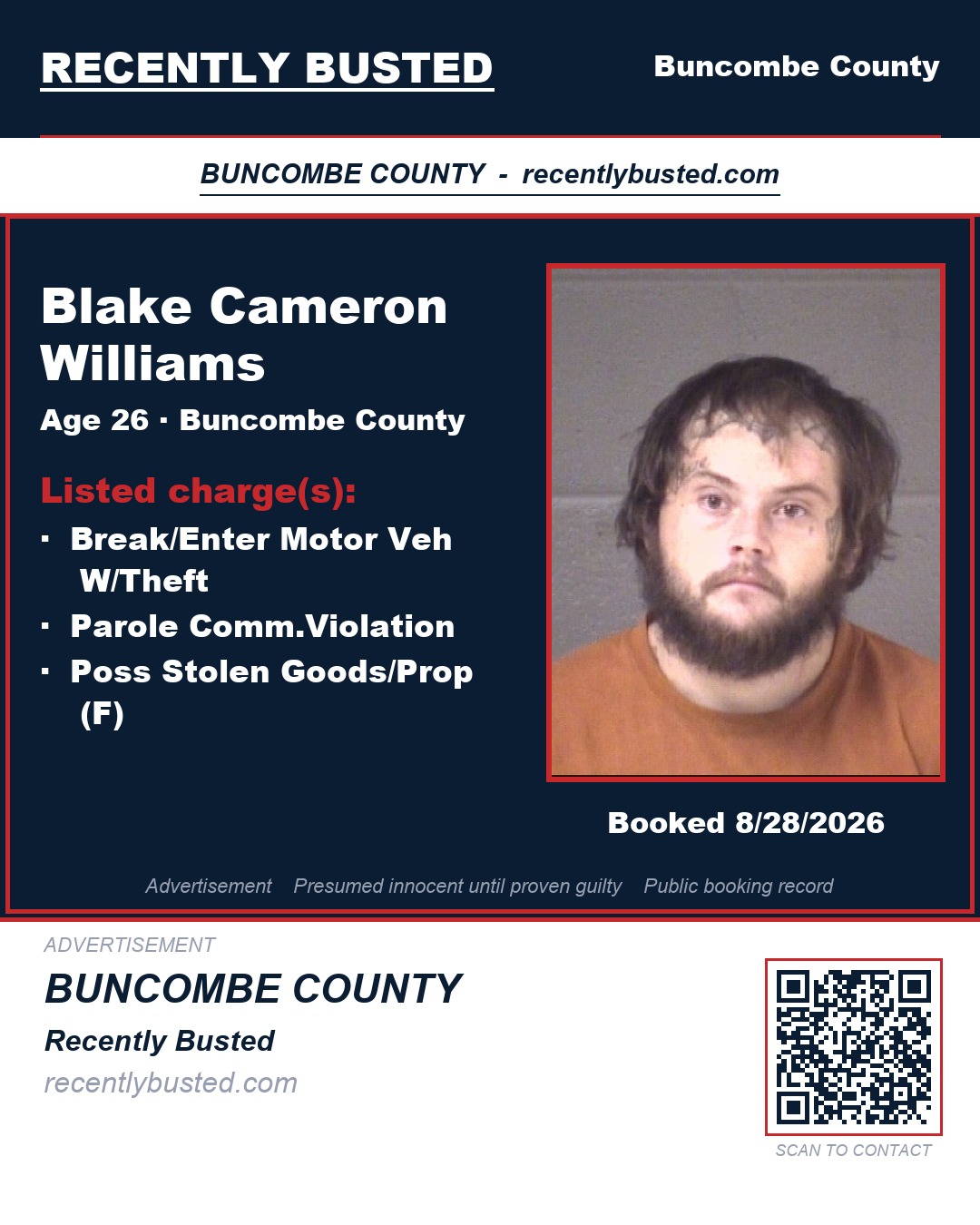BLAKE CAMERON WILLIAMS — arrest record card, Buncombe County, North Carolina