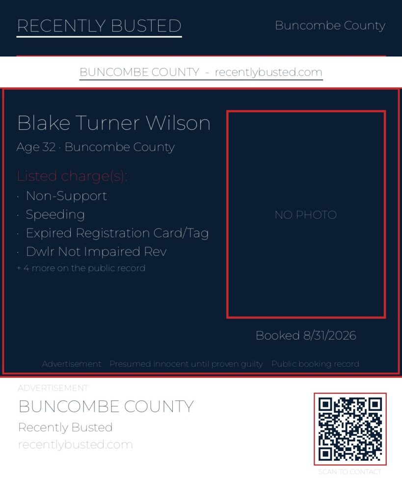 BLAKE TURNER WILSON — arrest record card, Buncombe County, North Carolina