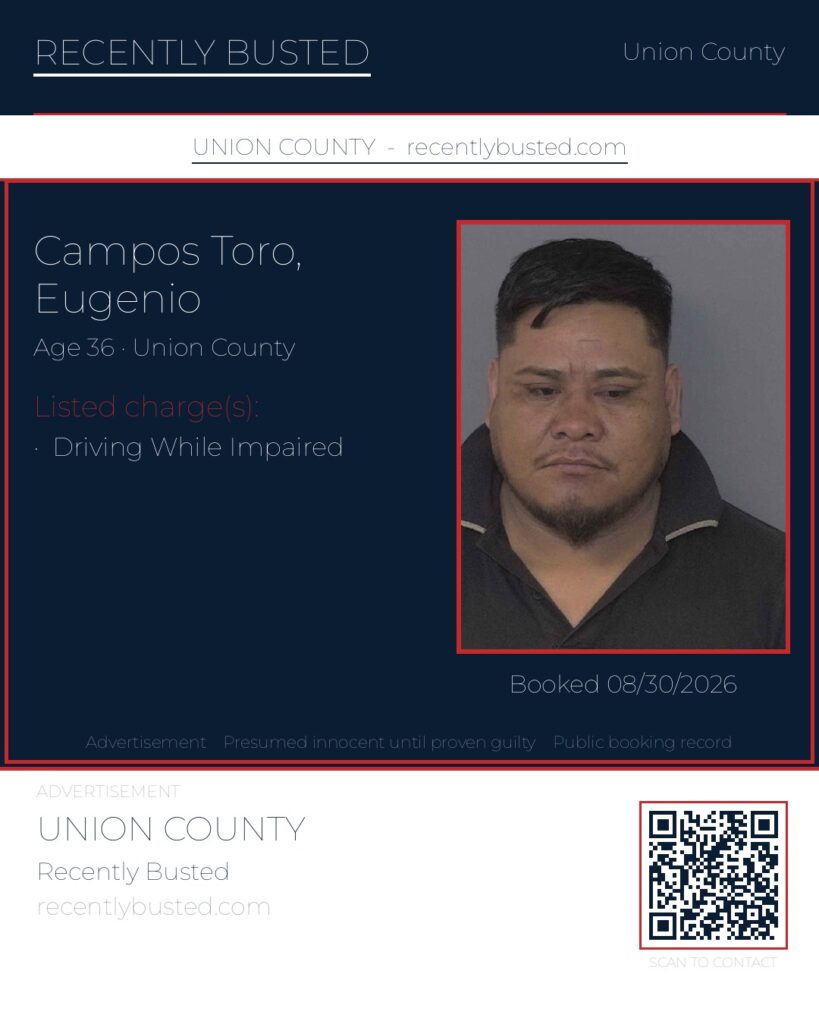 CAMPOS TORO, EUGENIO — arrest record card, Union County, North Carolina