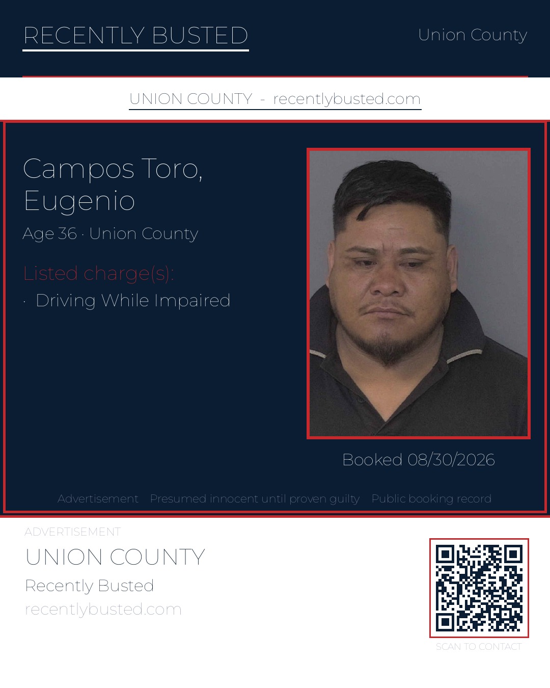 CAMPOS TORO, EUGENIO — arrest record card, Union County, North Carolina