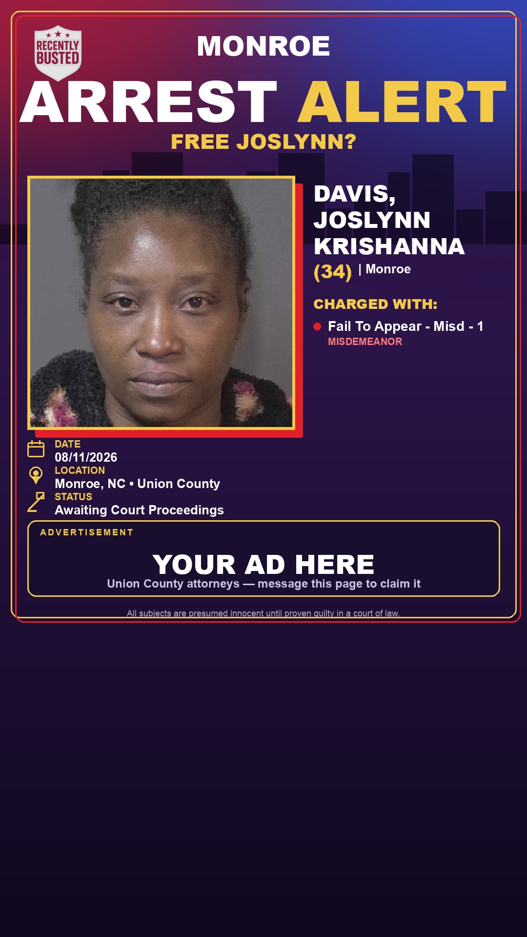 Arrest report - DAVIS, JOSLYNN KRISHANNA