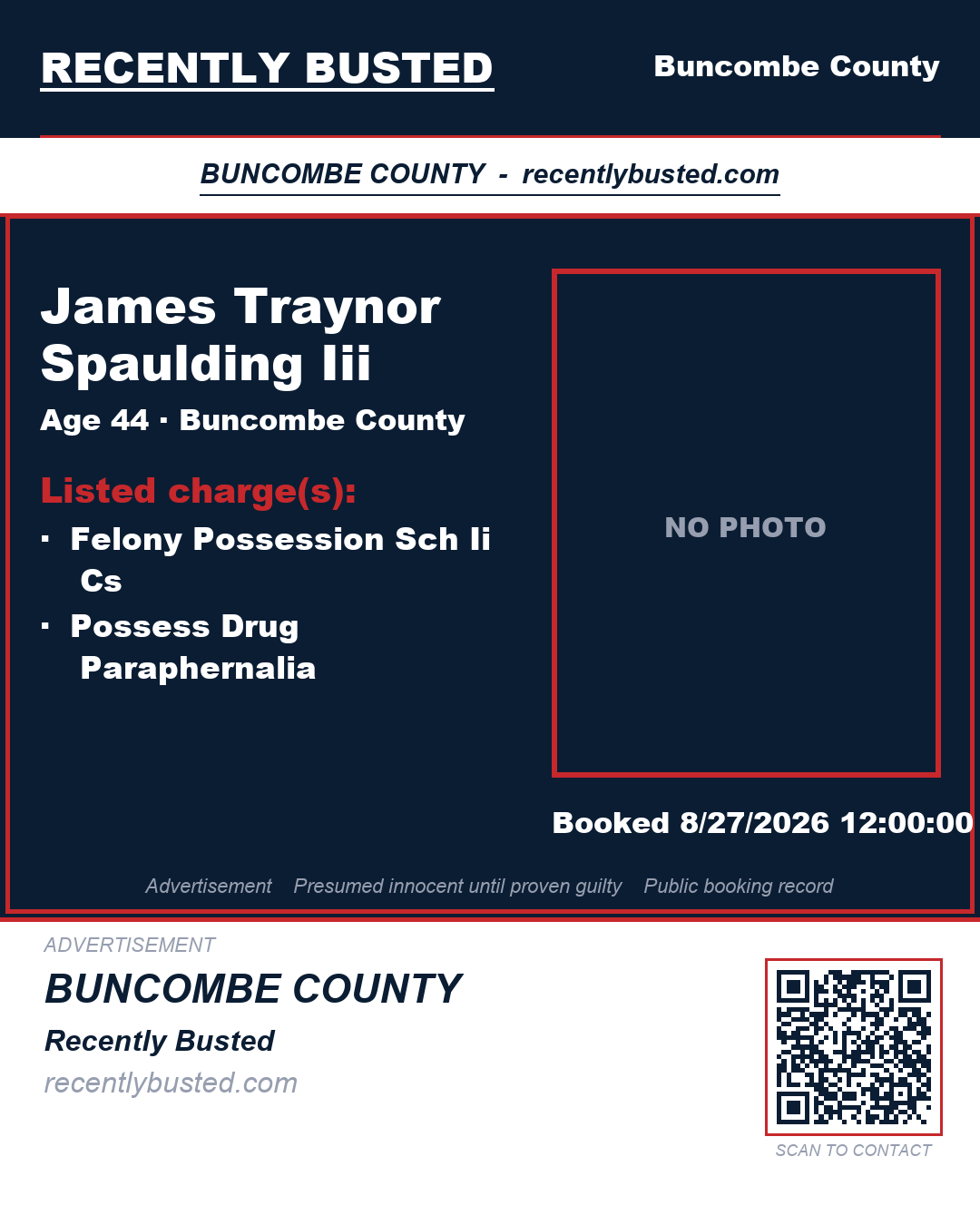JAMES TRAYNOR SPAULDING III — arrest record card, Buncombe County, North Carolina