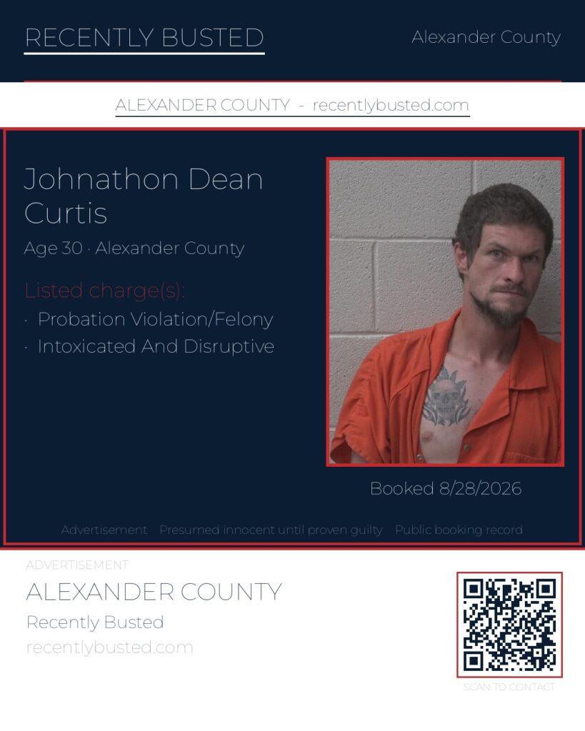 JOHNATHON DEAN CURTIS — arrest record card, Alexander County, North Carolina