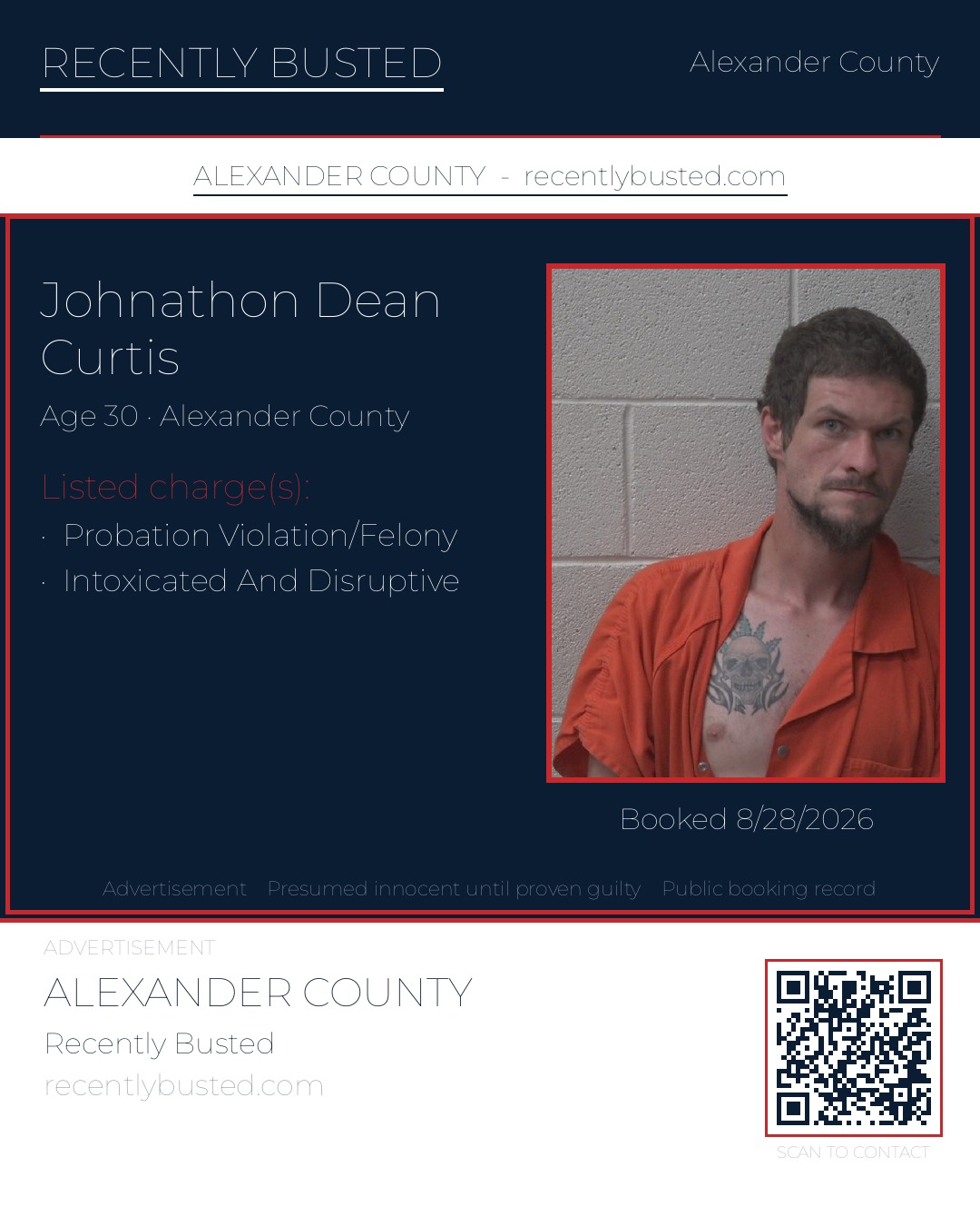 JOHNATHON DEAN CURTIS — arrest record card, Alexander County, North Carolina