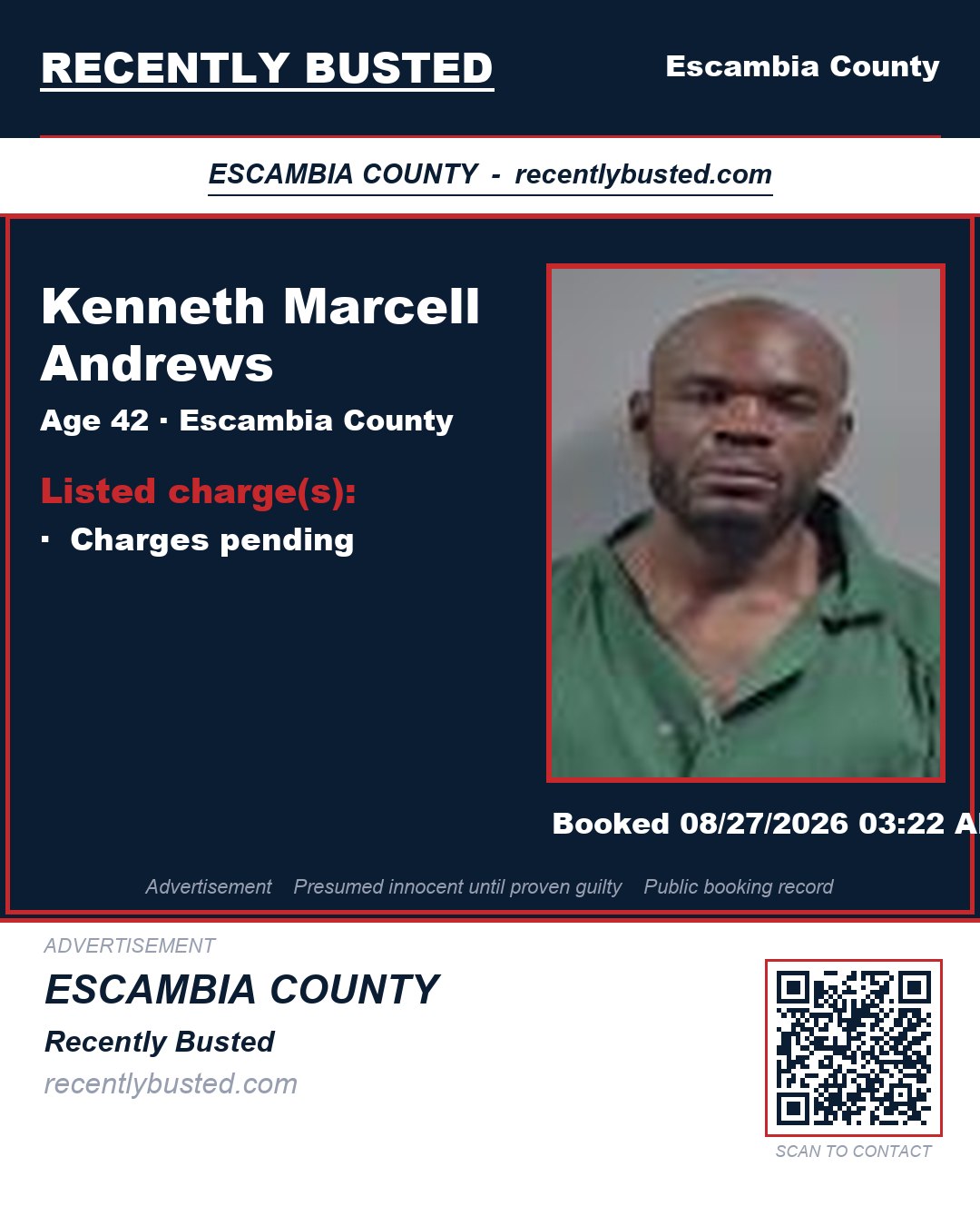 Kenneth Marcell Andrews — arrest record card, Escambia County, Florida