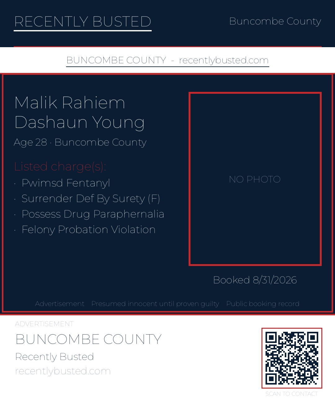 MALIK RAHIEM DASHAUN YOUNG — arrest record card, Buncombe County, North Carolina