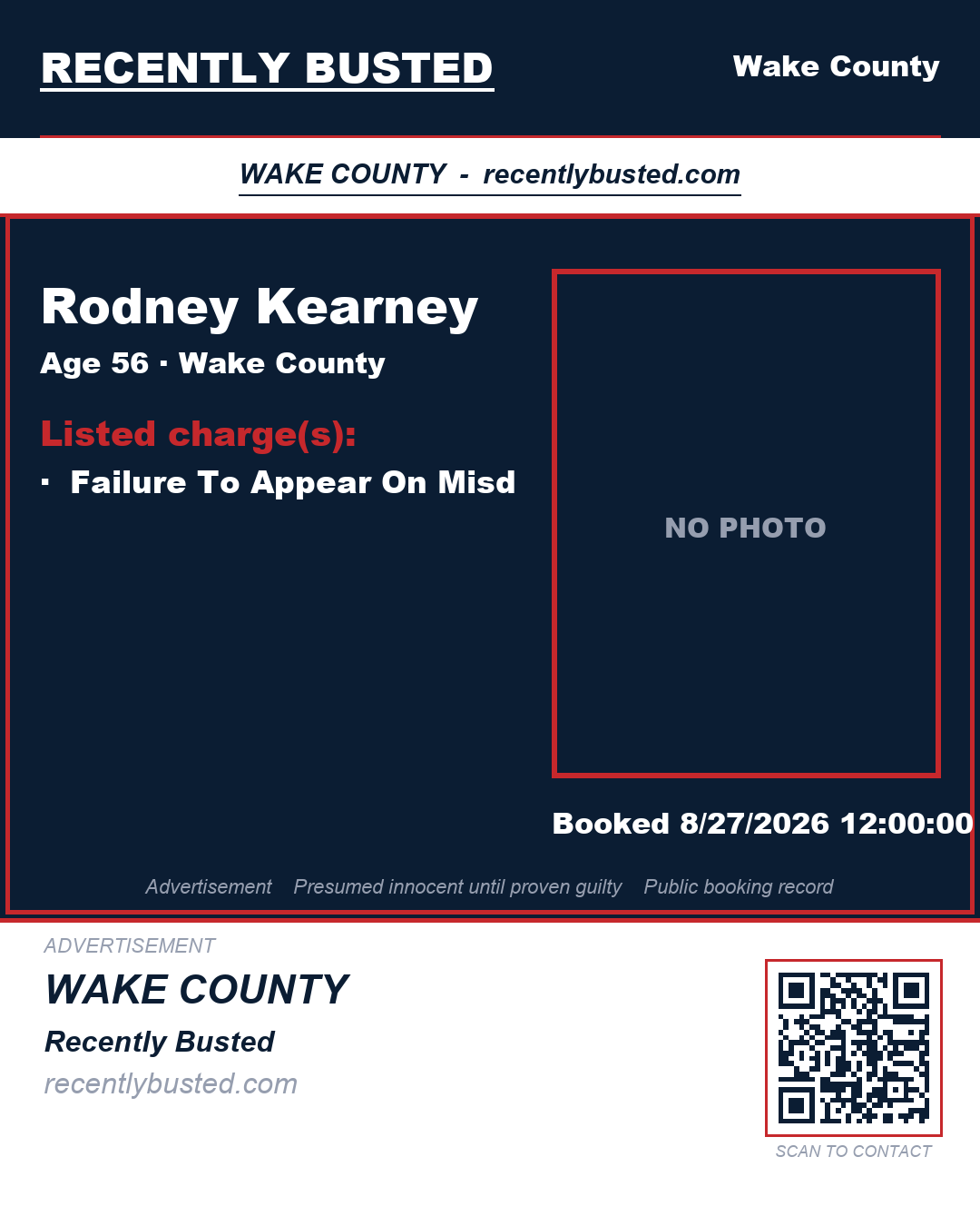 RODNEY KEARNEY — arrest record card, Wake County, North Carolina
