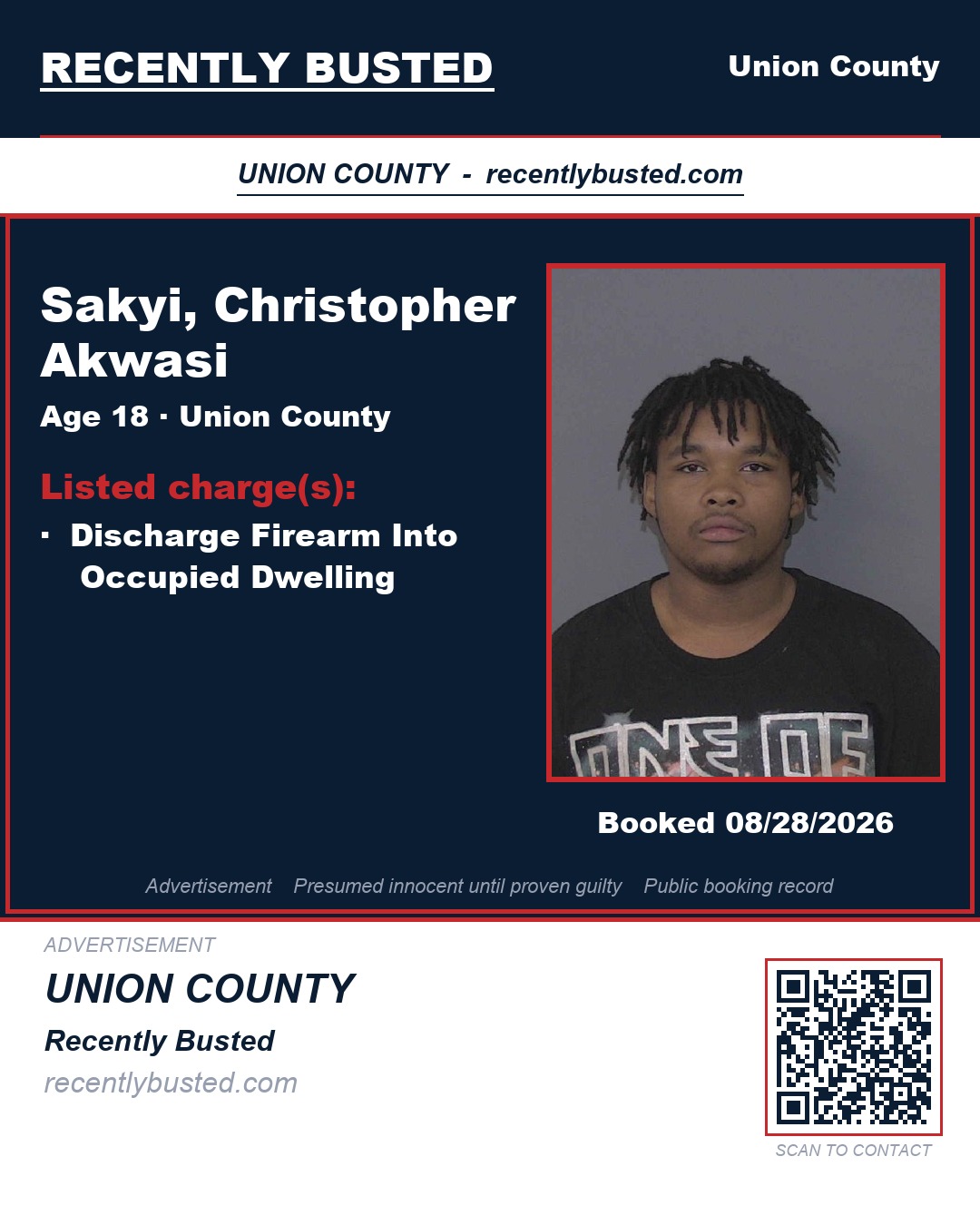 SAKYI, CHRISTOPHER AKWASI — arrest record card, Union County, North Carolina
