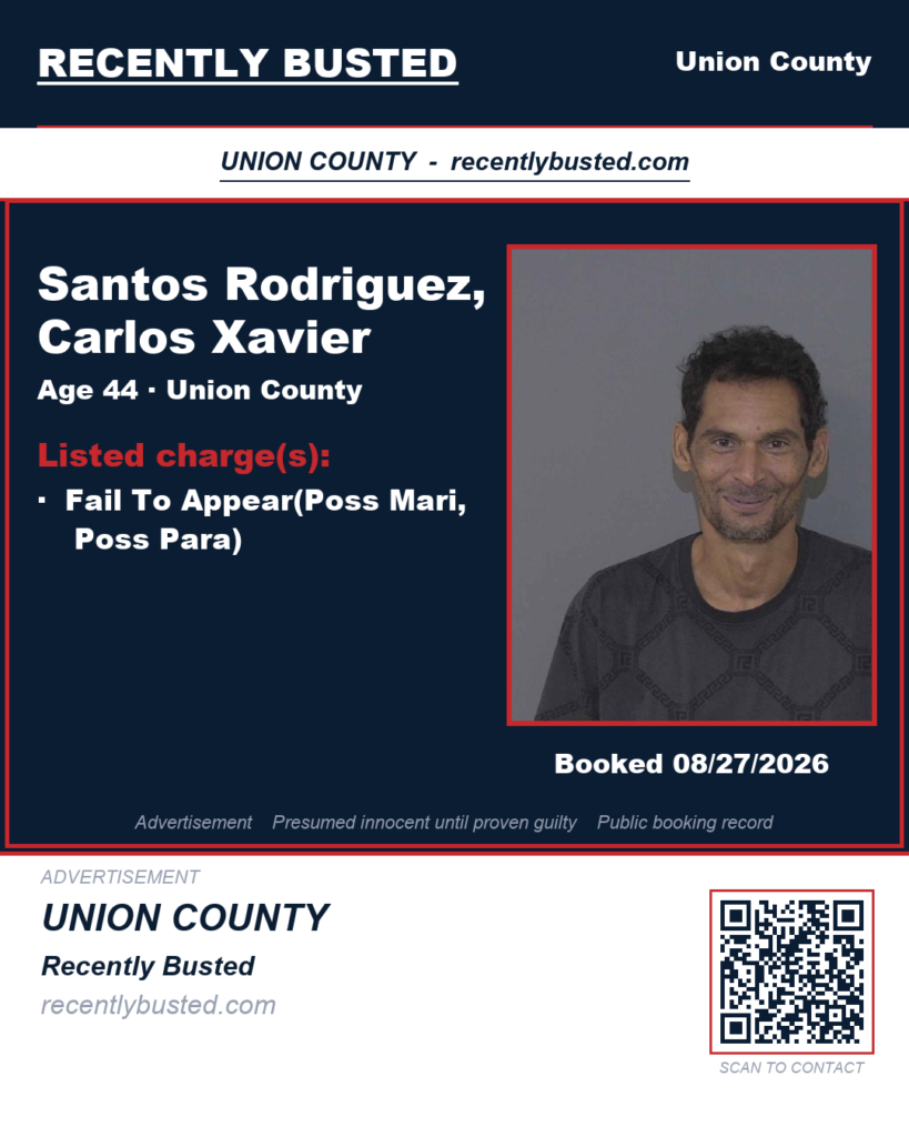 SANTOS RODRIGUEZ, CARLOS XAVIER — arrest record card, Union County, North Carolina