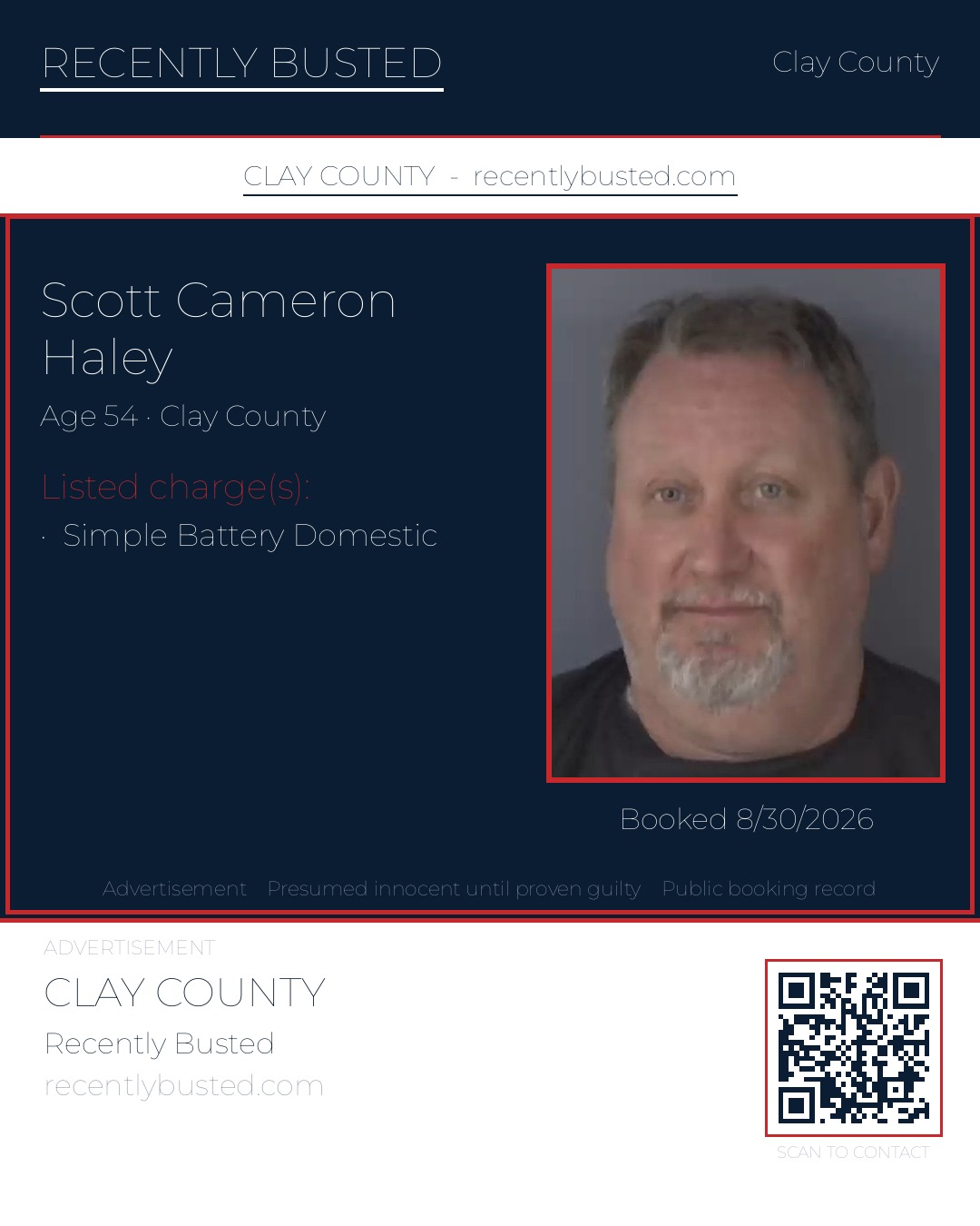 SCOTT CAMERON HALEY — arrest record card, Clay County, Florida