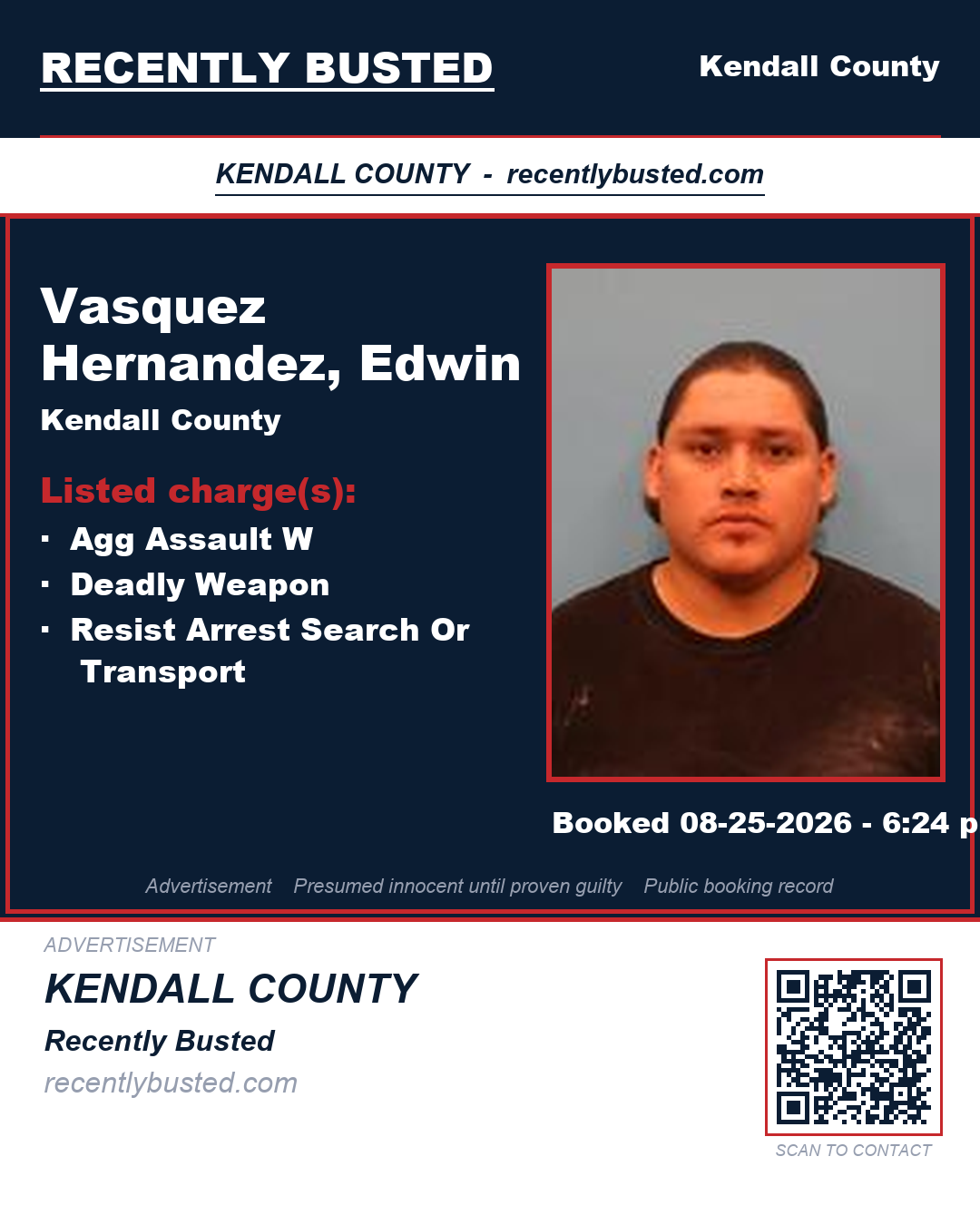 Vasquez Hernandez, Edwin — arrest record card, Kendall County, Texas